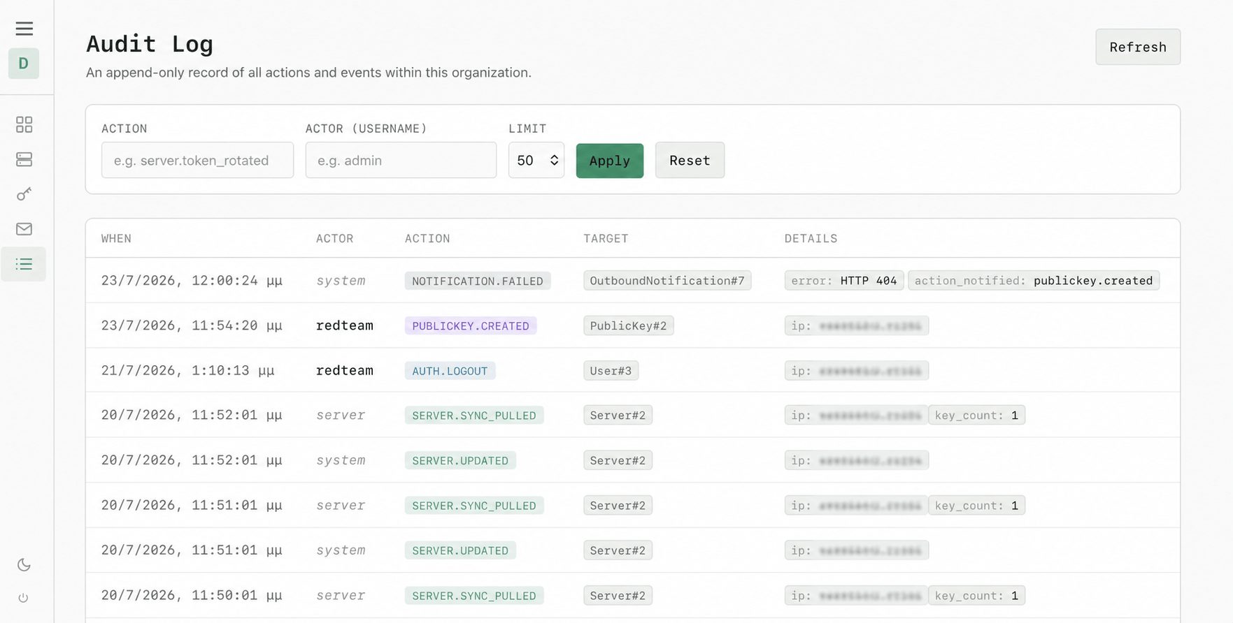 SyncSSH audit log with event filters